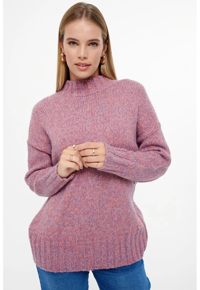 Pulover cu decolteu la baza gatului si maneci cazute, Violet melange