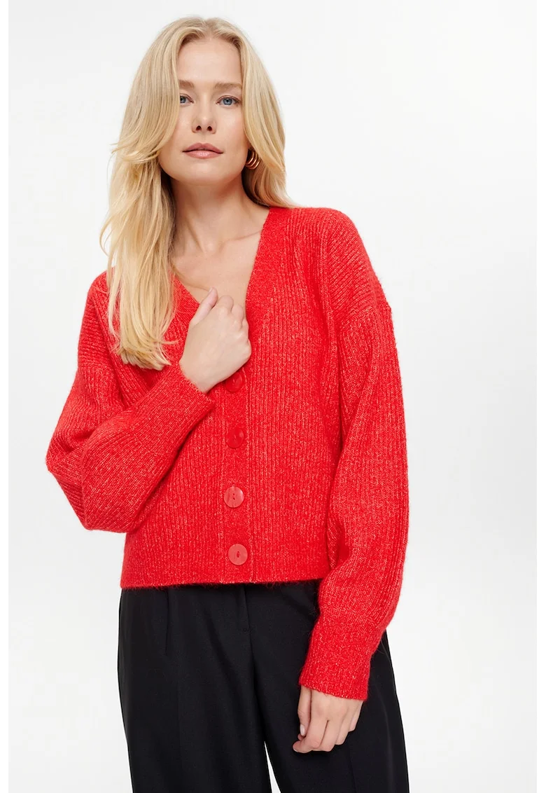 Cardigan din amestec de lana cu decolteu in V, Rosu