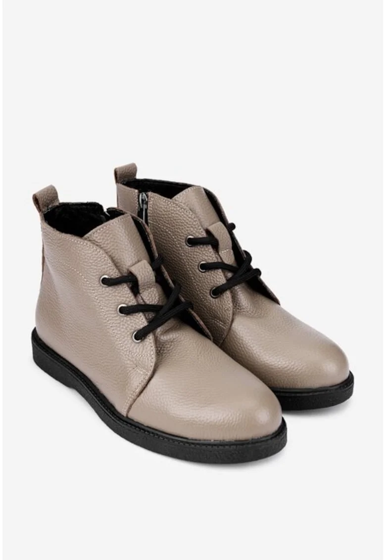 Ghete dama scurte din piele texturata taupe cu siret si fermoar, Bej