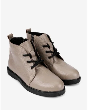 Ghete dama scurte din piele texturata taupe cu siret si fermoar, Bej