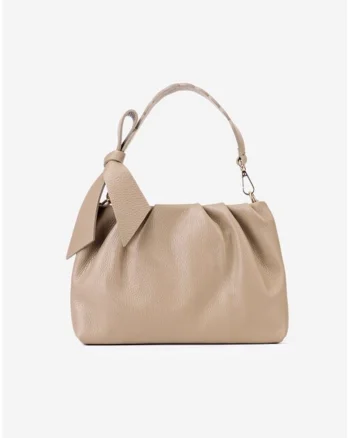 Poseta taupe din piele texturata cu ornament funda