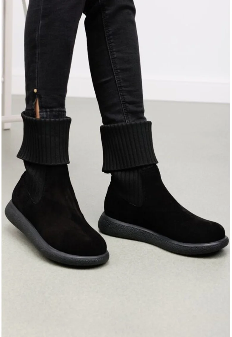 Ghete dama negre din piele intoarsa si material textil, Negru