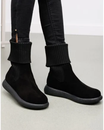 Ghete dama negre din piele intoarsa si material textil, Negru