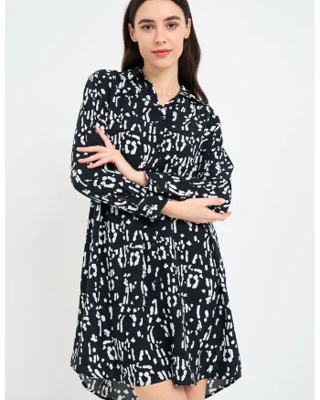 Rochie asimetrica cu model si maneci lungi, Alb/Negru