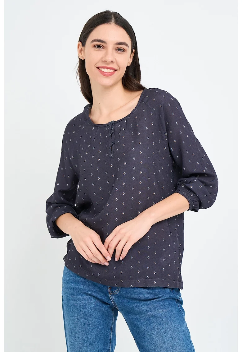 Bluza cu model si fenta cu nasturi, Alb/Albastru ultramarin/Portocaliu stins