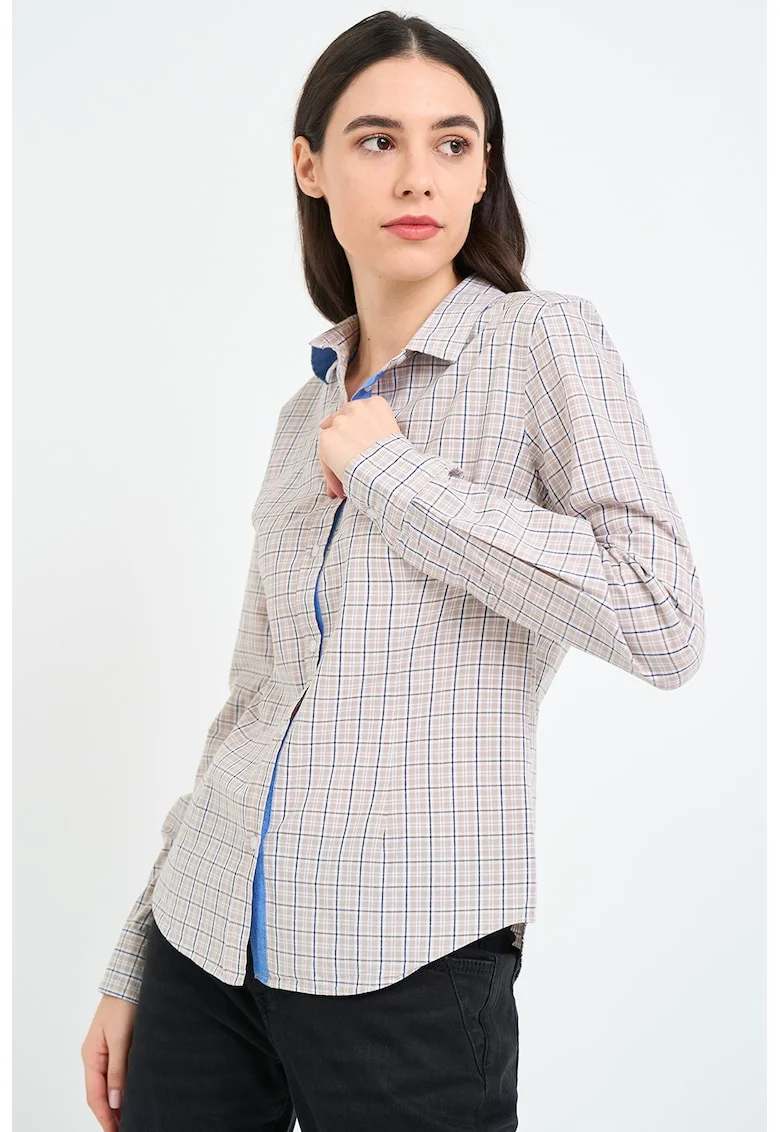 Camasa cu maneci lungi si model in carouri, Alb/Albastru inchis/Bej deschis