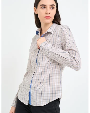 Camasa cu maneci lungi si model in carouri, Alb/Albastru inchis/Bej deschis
