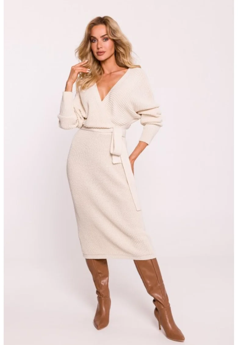 Rochie tricotata cu decolteu tip furou si curea,  Ivoire,
