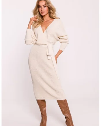 Rochie tricotata cu decolteu tip furou si curea,  Ivoire,