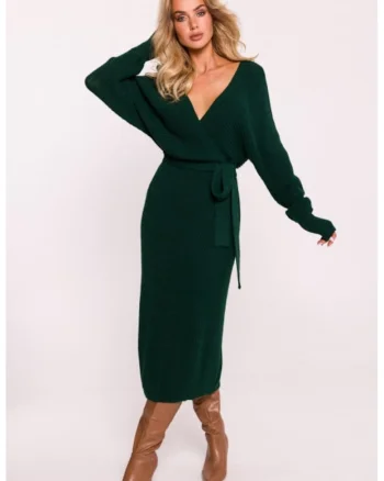 Rochie tricotata cu decolteu tip furou si curea,  Verde,
