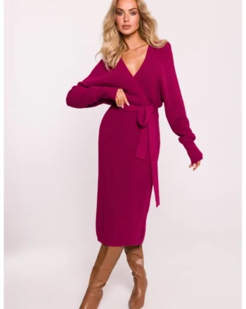 Rochie tricotata cu decolteu tip furou si curea,  Roz,
