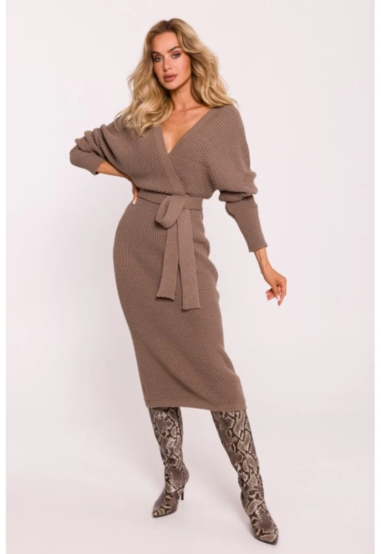 Rochie tricotata cu decolteu tip furou si curea,  Bej inchis,