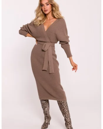 Rochie tricotata cu decolteu tip furou si curea,  Bej inchis,