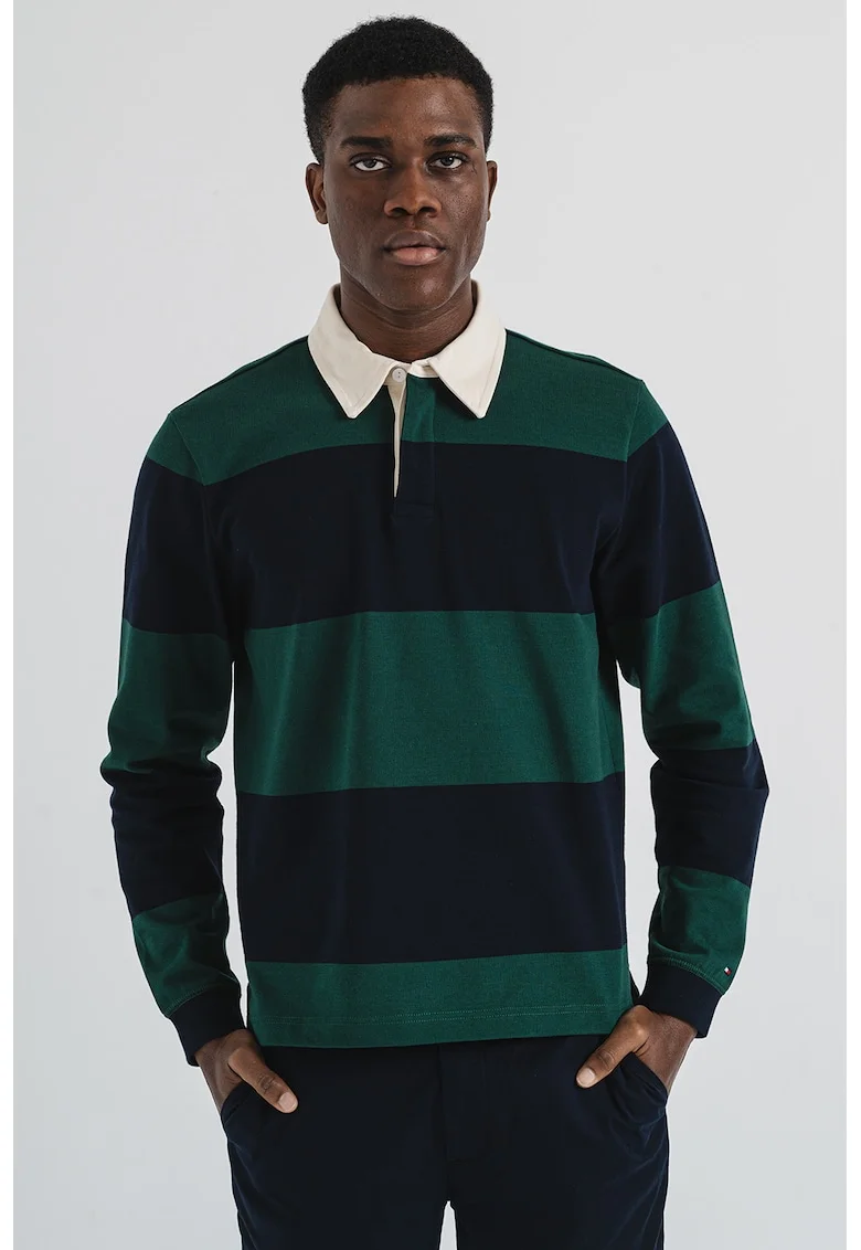 Bluza de bumbac cu model in dungi, Alb fildes/Verde inchis/Bleumarin