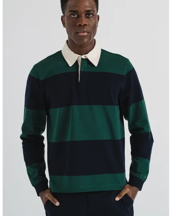 Bluza de bumbac cu model in dungi, Alb fildes/Verde inchis/Bleumarin