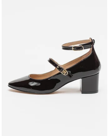 Pantofi din piele lacuita cu bareta pe glezna, Auriu/Negru stins