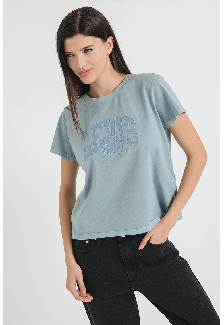 Tricou de bumbac cu logo in relief, Albastru lavanda