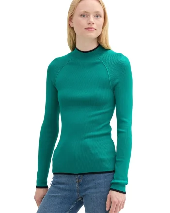 Pulover tricotat fin cu maneci raglan, Verde persan