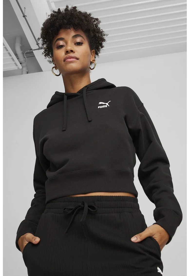 Hanorac crop cu maneci cazute, Negru