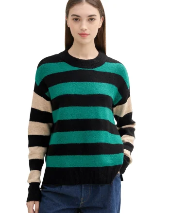 Pulover in dungi cu maneci cazute, Verde/Negru/Bej