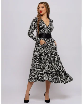 Rochie maxi evazata, Alb fildes/Negru