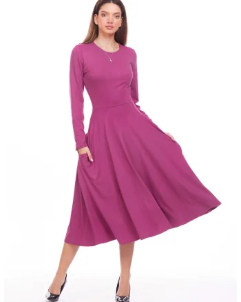Rochie midi evazata cu buzunare, Roz inchis