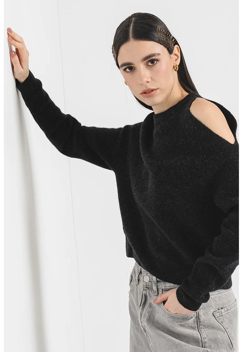 Pulover din amestec de lana cu decupaj pe umeri, Negru