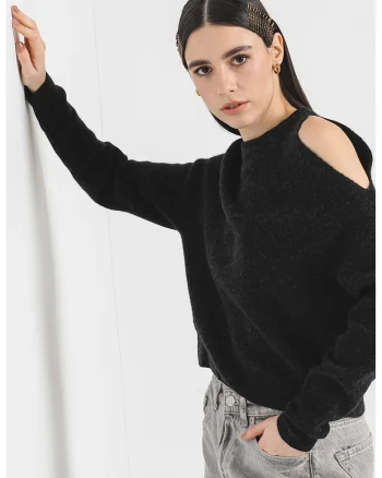 Pulover din amestec de lana cu decupaj pe umeri, Negru
