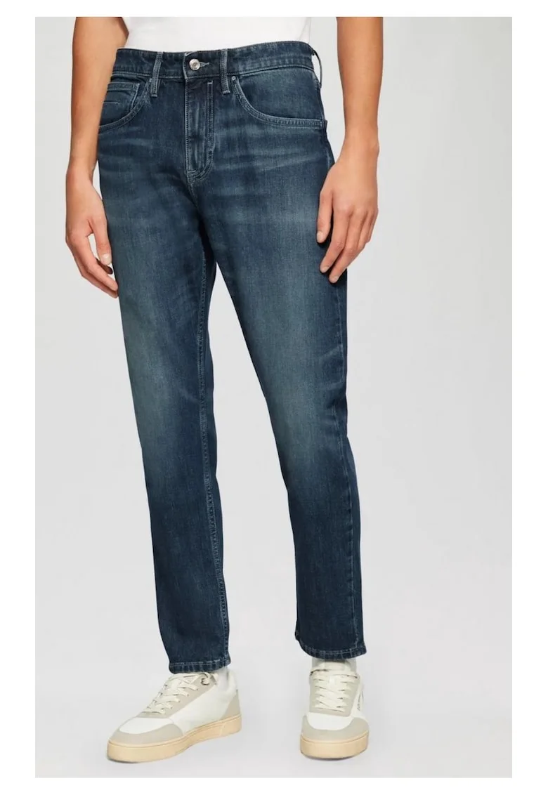 Blugi Mauro, cu talie inalta, croiala Regular Fit, Tapered leg,  Albastru inchis, Albastru inchis