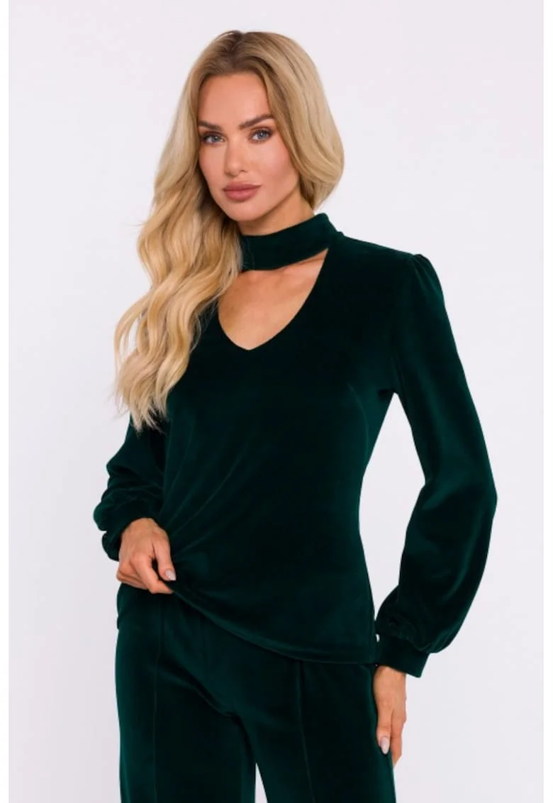 Bluza din catifea cu decolteu halter,  Verde englez