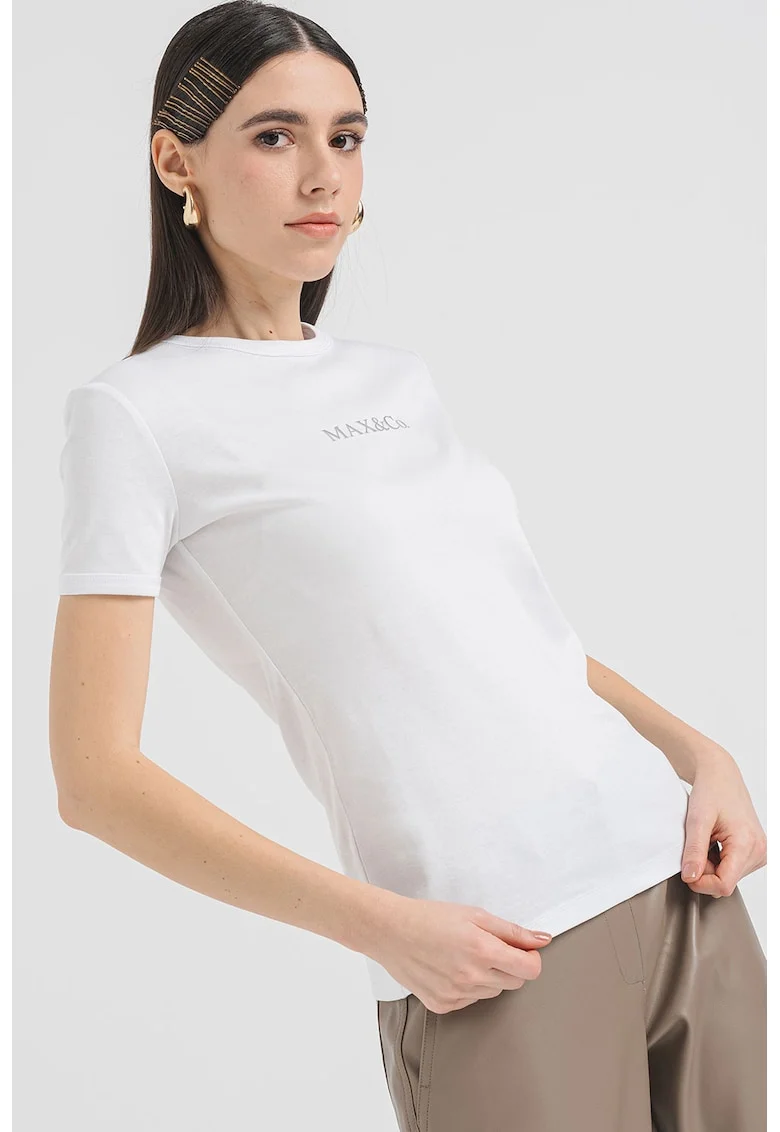 Tricou cu decolteu la baza gatului si imprimeu Logotee, Alb/Argintiu