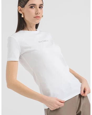 Tricou cu decolteu la baza gatului si imprimeu Logotee, Alb/Argintiu