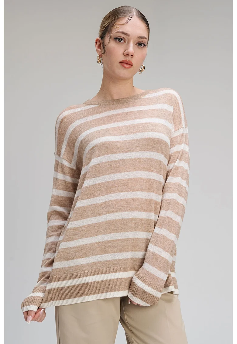 Pulover din amestec de lana cu model in dungi Plata, Alb/Maro taupe