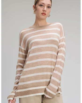Pulover din amestec de lana cu model in dungi Plata, Alb/Maro taupe