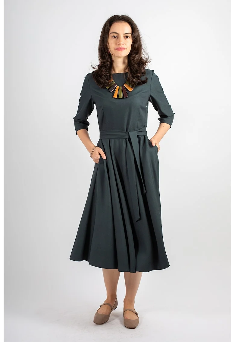 Rochie midi cu croiala evazata Juliana, Verde padure