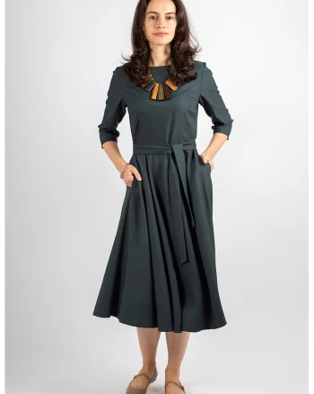 Rochie midi cu croiala evazata Juliana, Verde padure
