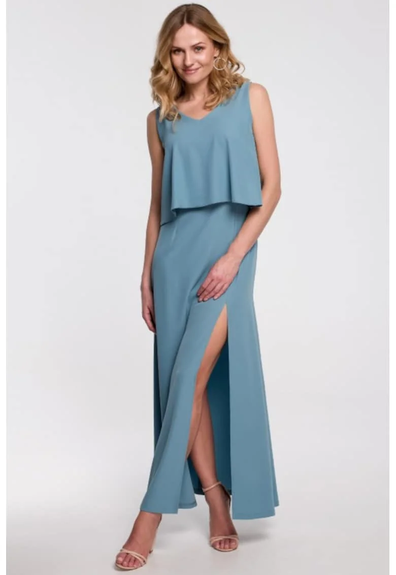 Rochie maxi cu volan in partea de sus,, Albastru