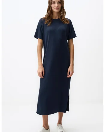 Rochie-tricou midi cu decolteu la baza gatului, Bleumarin