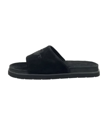 Papuci de casa din piele intoarsa cu logo brodat Fairfo, Negru