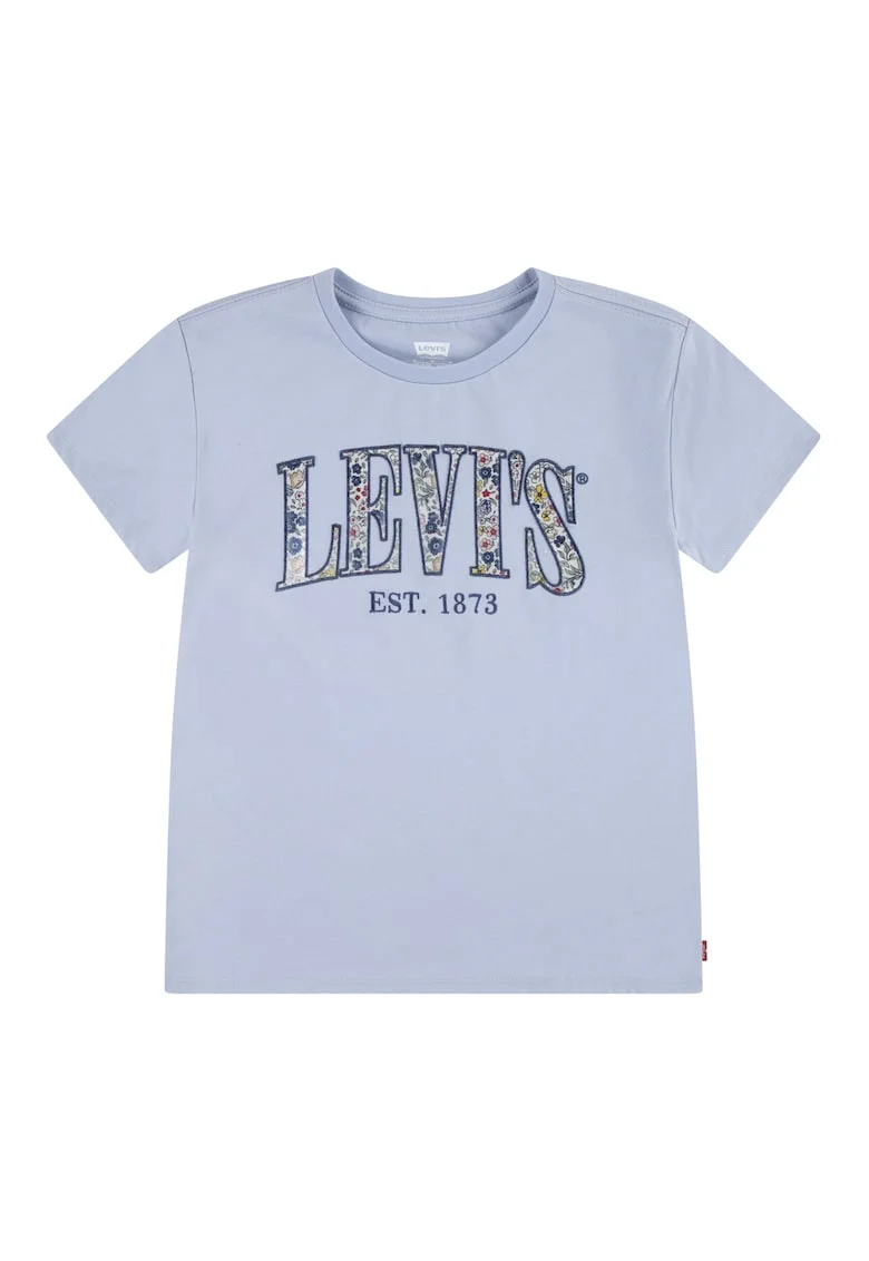 Tricou cu decolteu la baza gatului cu imprimeu logo, Albastru prafuit