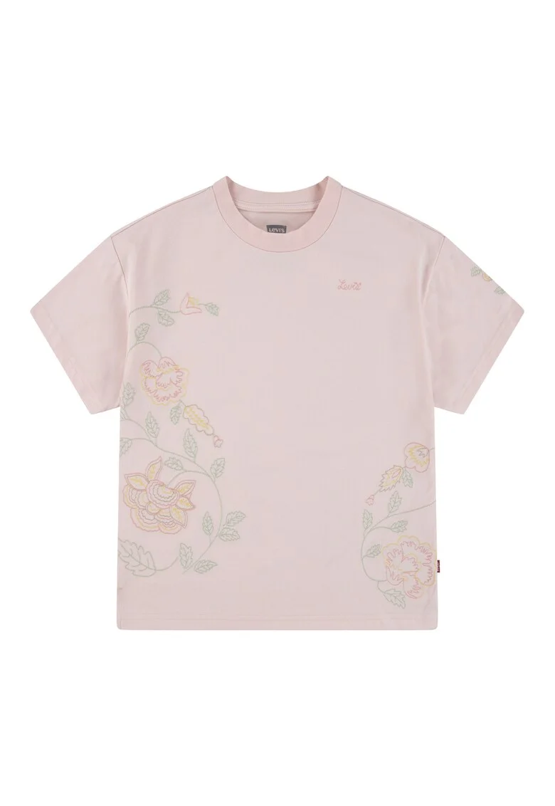 Tricou cu decolteu la baza gatului si detalii brodate, Roz pastel