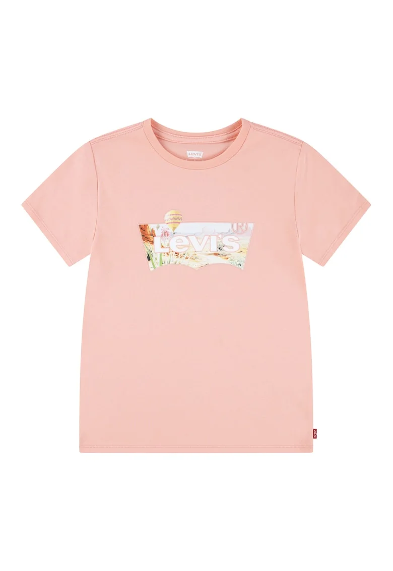 Tricou cu decolteu la baza gatului cu imprimeu logo, Roz somon/Alb murdar