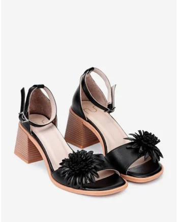 Sandale negre  din piele cu ornament floare