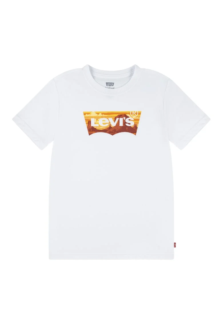 Tricou cu decolteu la baza gatului si imprimeu logo, Alb/Maro scortisoara