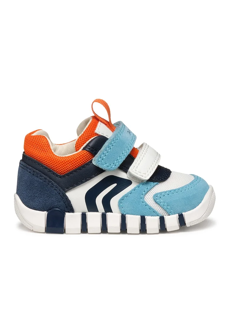 Pantofi sport cu velcro, model colorblock si garnituri din piele intoarsa, Albastru deschis/Oranj