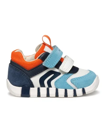 Pantofi sport cu velcro, model colorblock si garnituri din piele intoarsa, Albastru deschis/Oranj