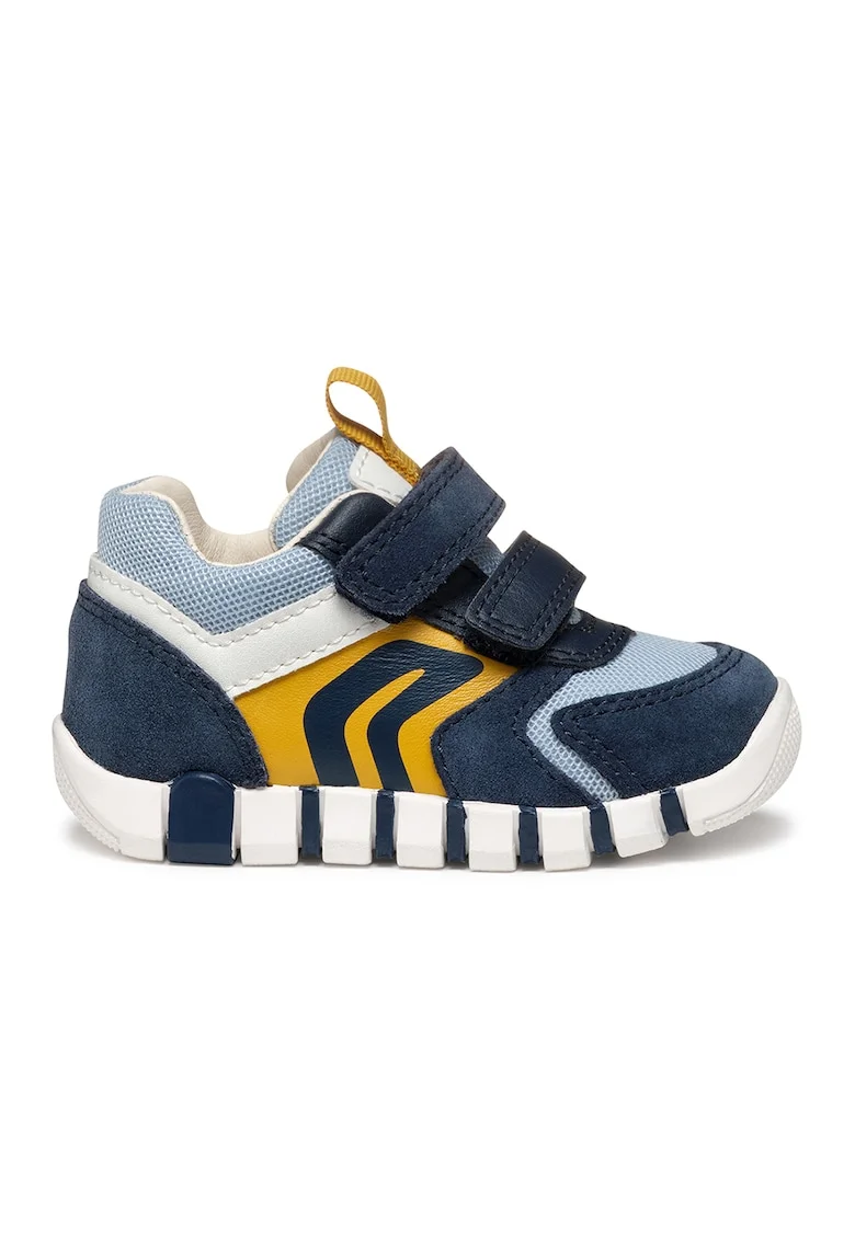 Pantofi sport cu velcro, model colorblock si garnituri din piele intoarsa, Albastru pastel/Bleumarin