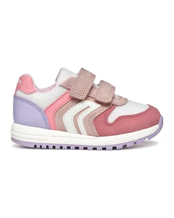 Pantofi sport cu velcro si detalii din piele intoarsa, Alb/Roz prafuit