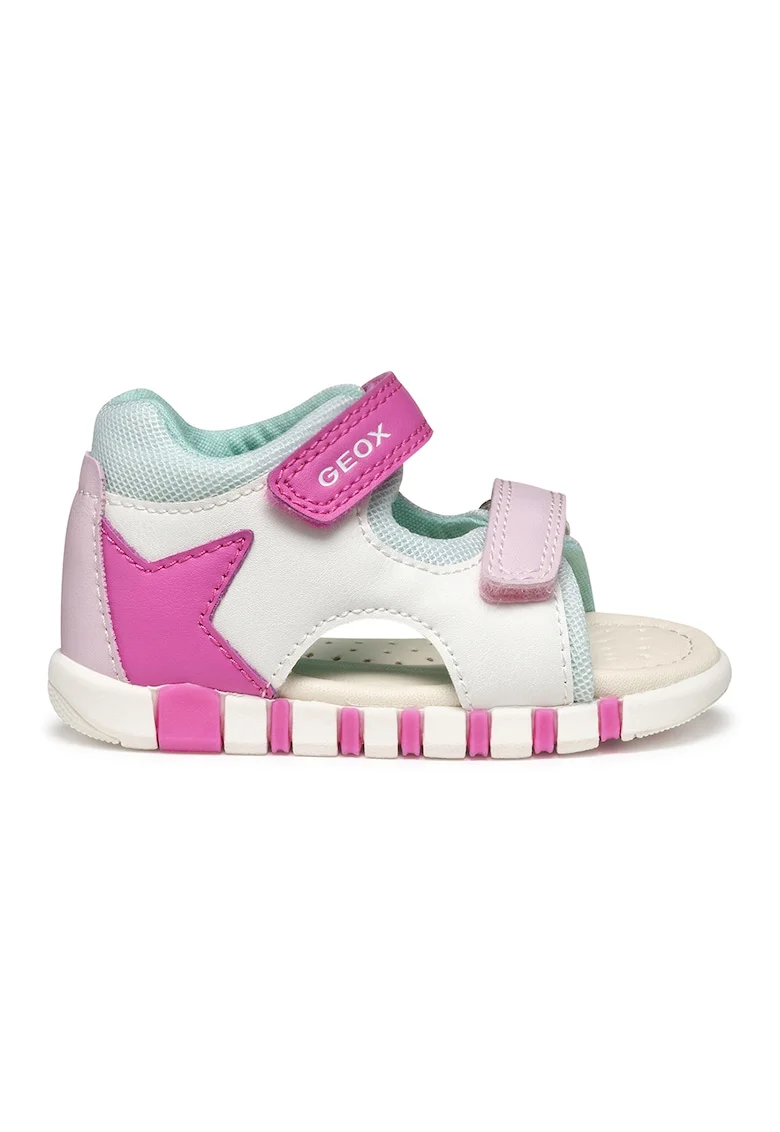Sandale din piele ecologica cu velcro, Alb/Fucsia