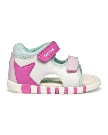 Sandale din piele ecologica cu velcro, Alb/Fucsia
